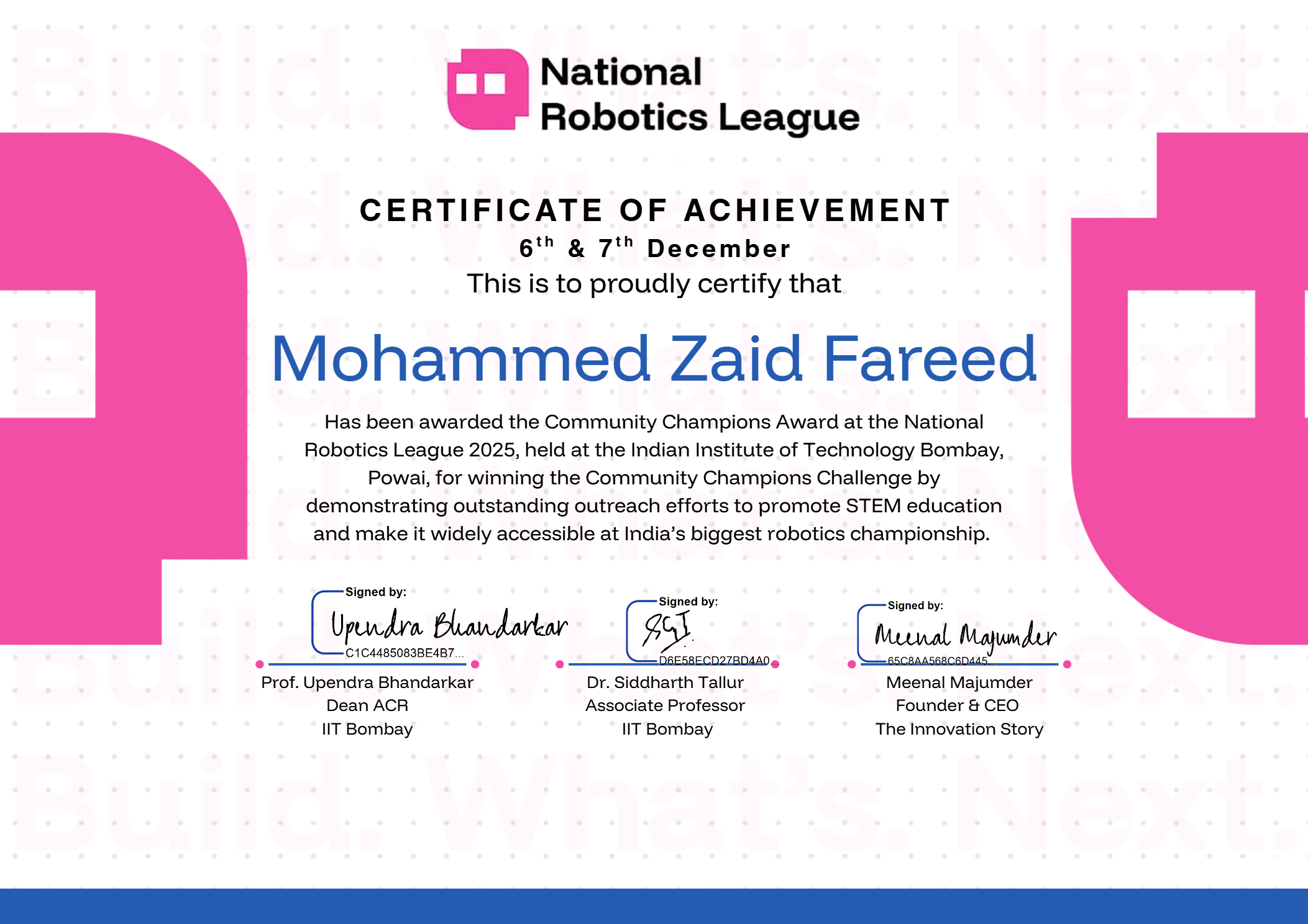 National Robotics League Community Champions Award - Mohammed Zaid Fareed